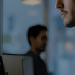 man at work sitting in from of computer with chatgpt on the monitor