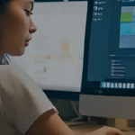 Woman sitting at her desk using computer AI at work