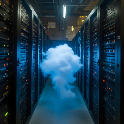 Room full of servers with a cloud in the middle